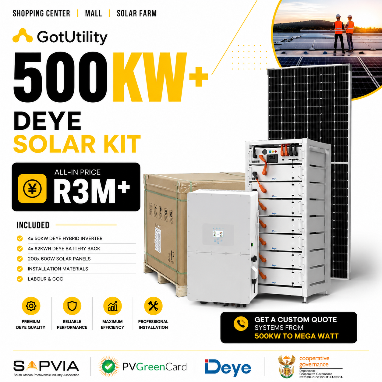 GotUtility 500kW+ Deye Solar Kit — 4 × 50kW Deye Hybrid Inverter, 4 × 62kWh Deye Battery Back, 200 × 600W Solar Panels