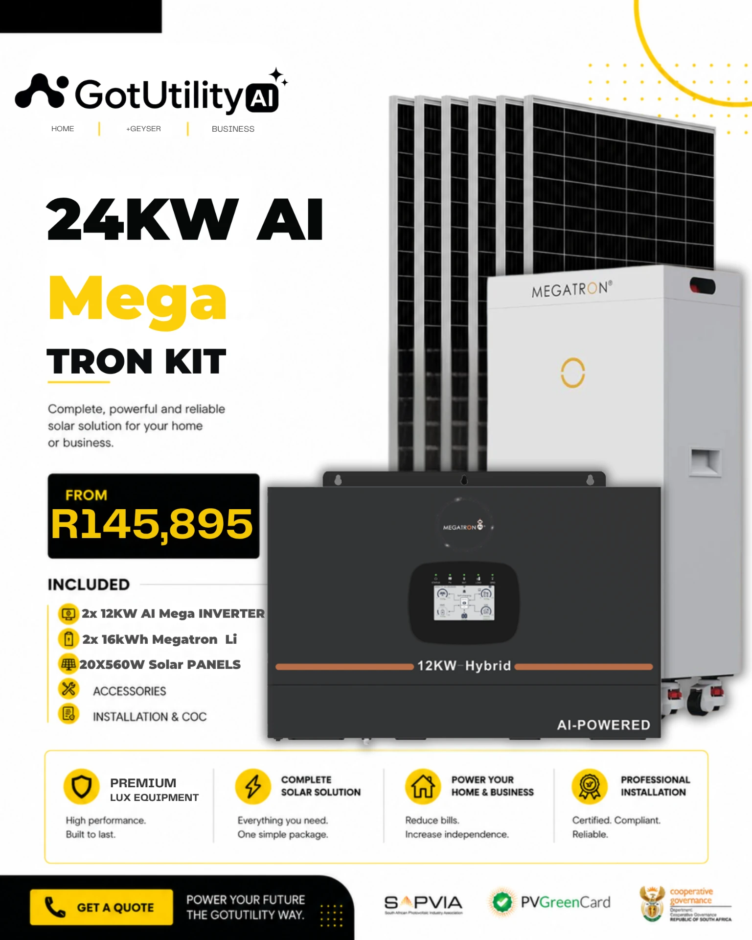 GotUtility 24kW AI Mega Tron Kit — 2 × 12kW AI Mega Inverter, 2 × 16kWh Megatron Li-ion Battery, 20 × 560W Solar Panels