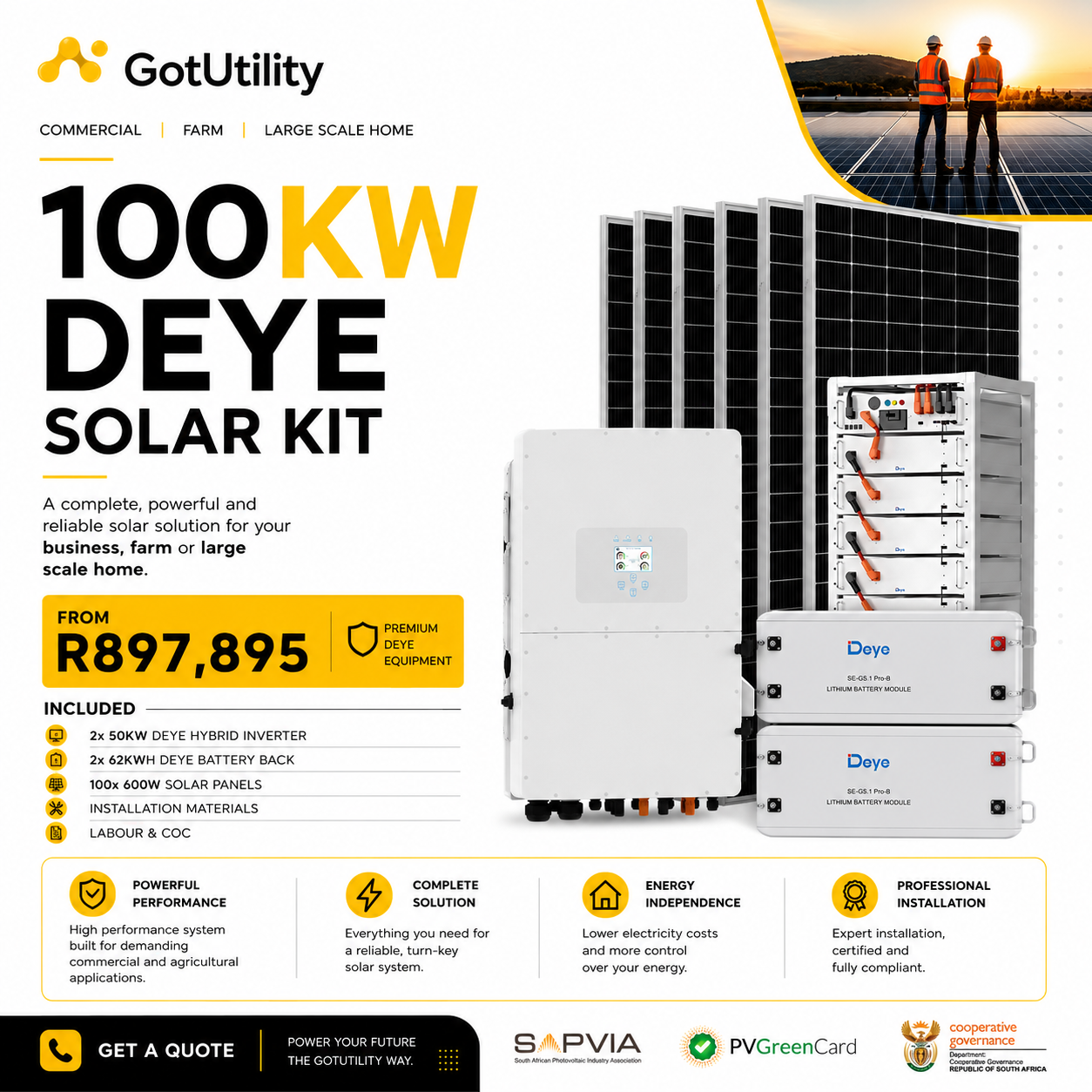 GotUtility 100kW Deye Solar Kit — 2 × 50kW Deye Hybrid Inverter, 2 × 62kWh Deye Battery Back, 100 × 600W Solar Panels