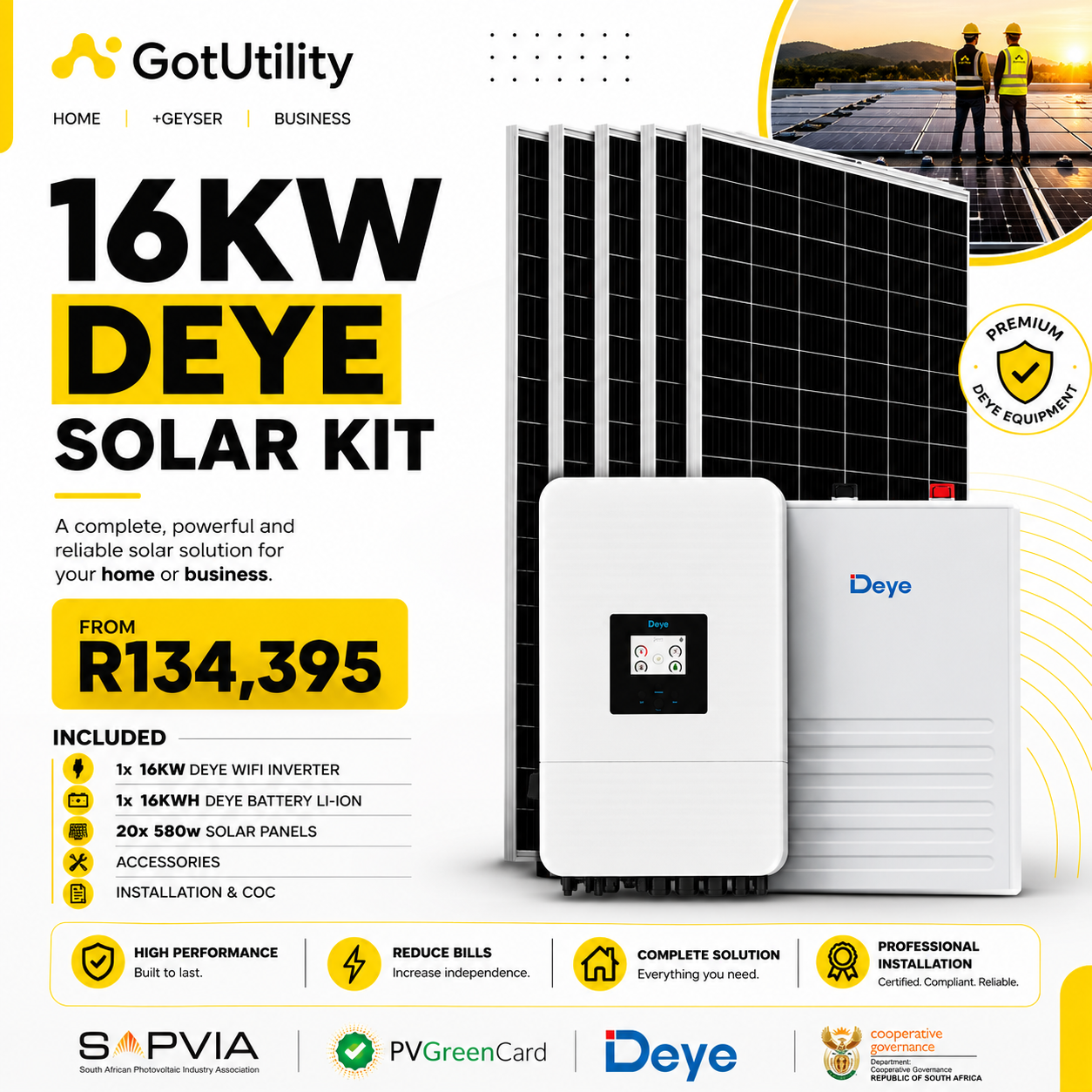 GotUtility 16kW Deye Solar Kit — 1 × 16kW Deye WiFi Inverter, 1 × 16kWh Deye Battery Li-ion, 20 × 580W Solar Panels