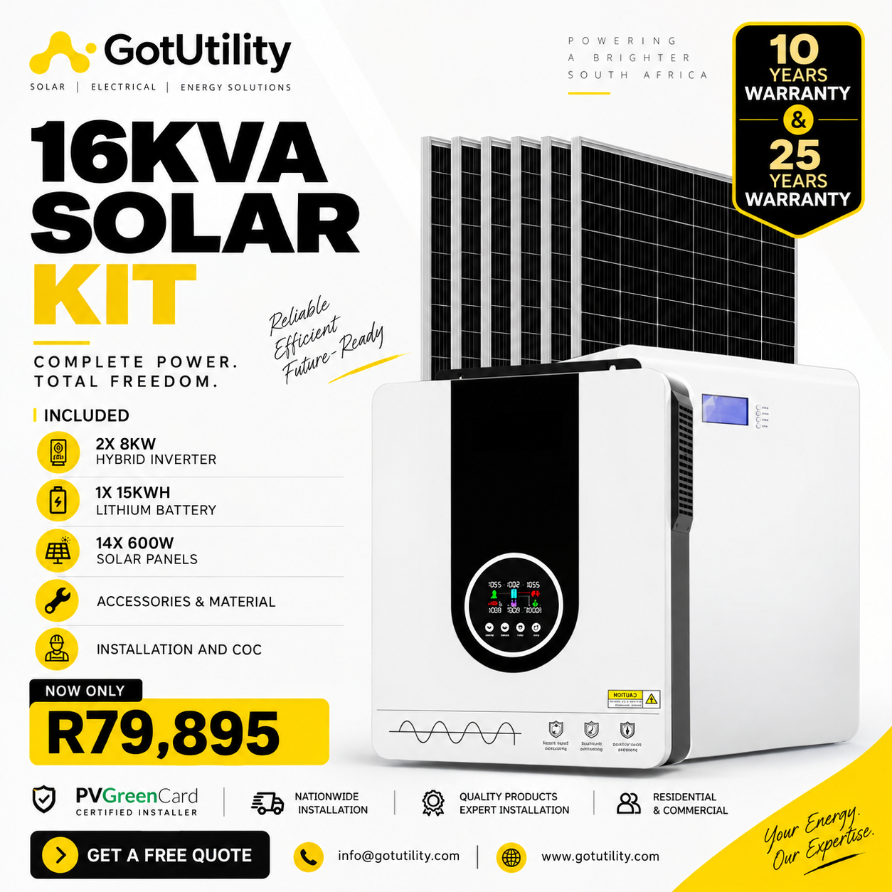 GotUtility 16kVA Solar Kit — 2 × 8kW Hybrid Inverter, 1 × 15kWh Lithium Battery, 14 × 600W Solar Panels