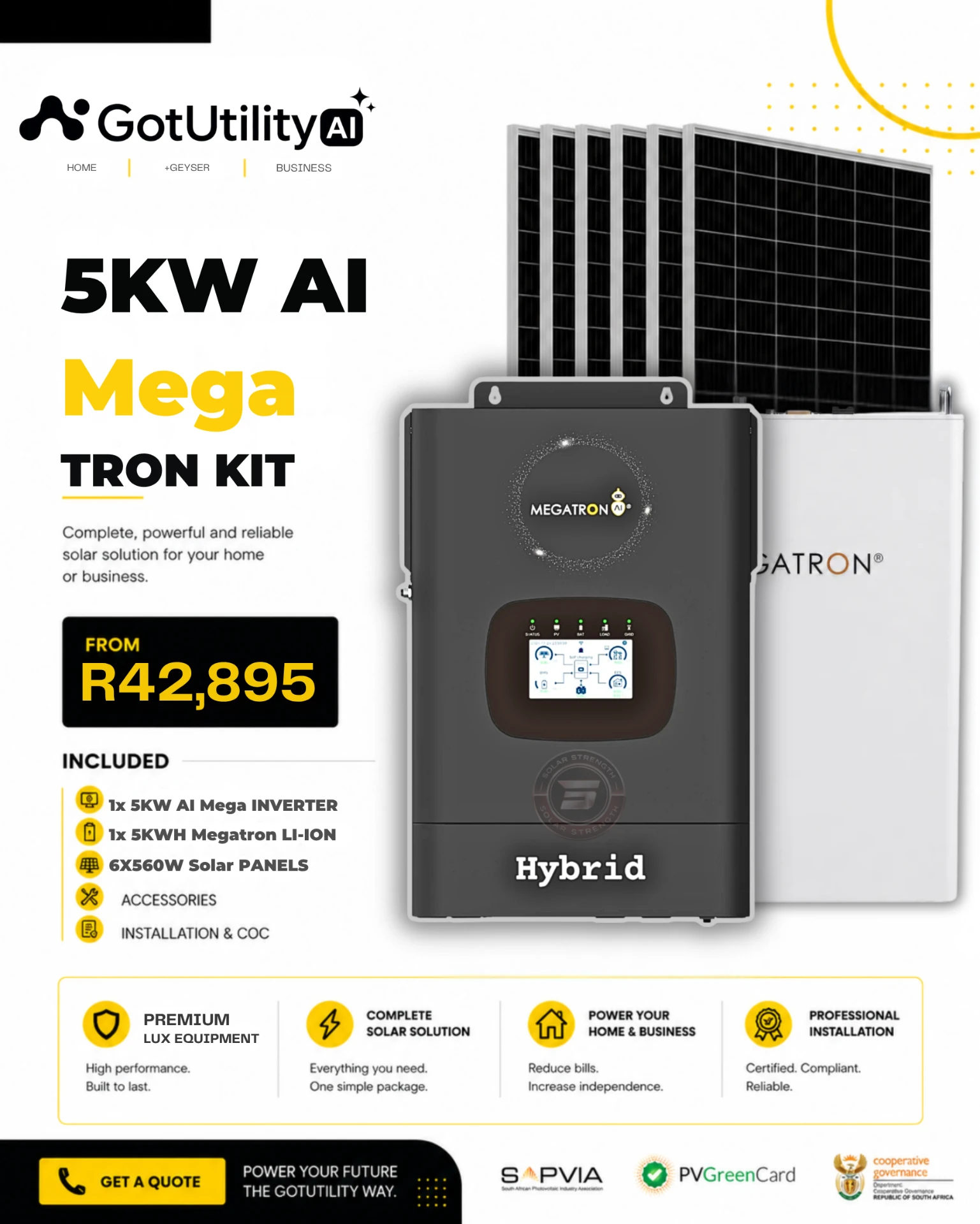 GotUtility 5kW AI Mega Tron Kit — 1 × 5kW AI Mega Inverter, 1 × 5kWh Megatron Li-ion Battery, 6 × 560W Solar Panels