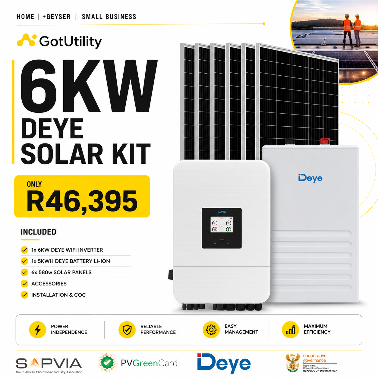 GotUtility 6kW Deye Solar Kit — 1 × 6kW Deye WiFi Inverter, 1 × 5kWh Deye Battery Li-ion, 6 × 580W Solar Panels