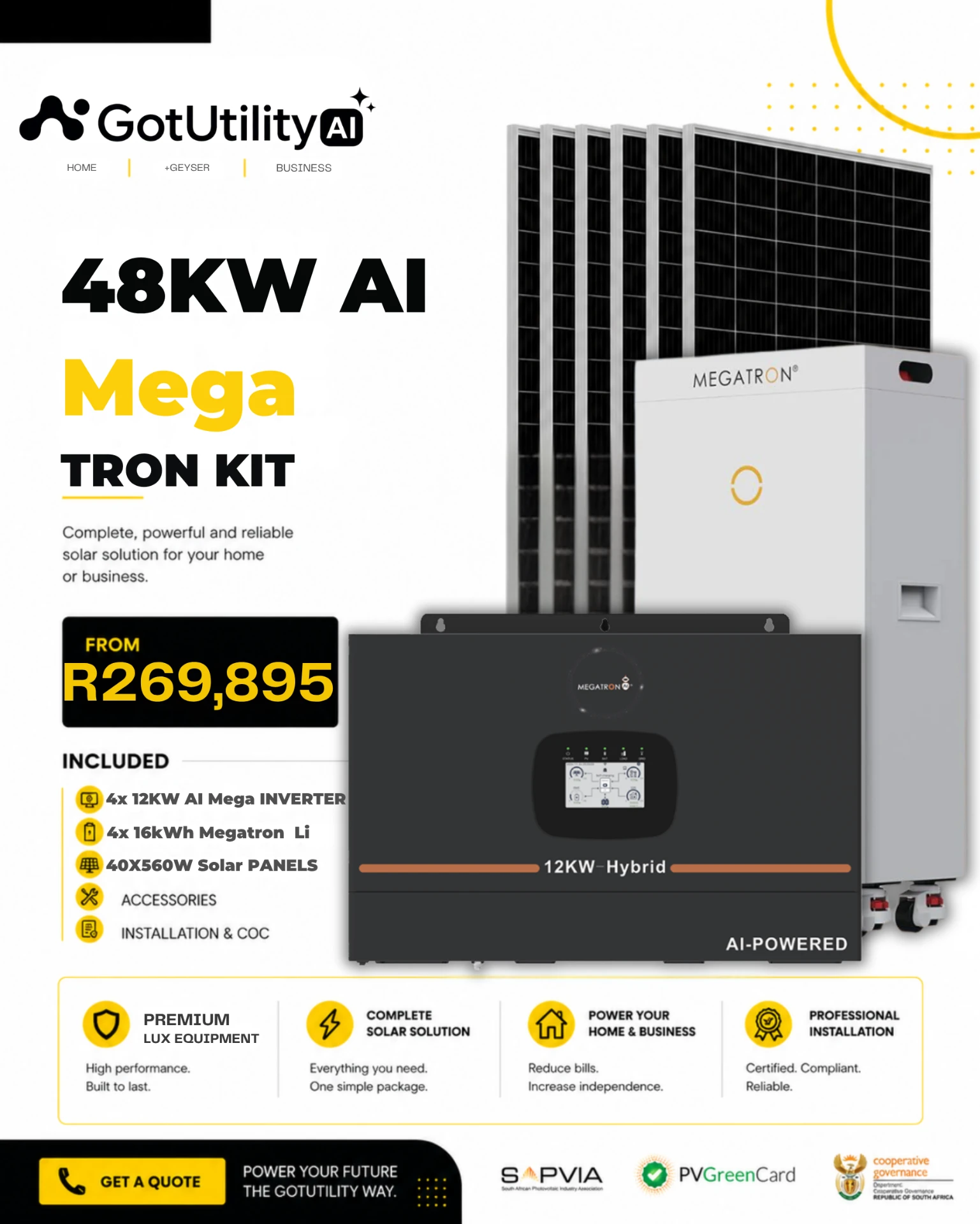GotUtility 48kW AI Mega Tron Kit — 4 × 12kW AI Mega Inverter, 4 × 16kWh Megatron Li-ion Battery, 40 × 560W Solar Panels