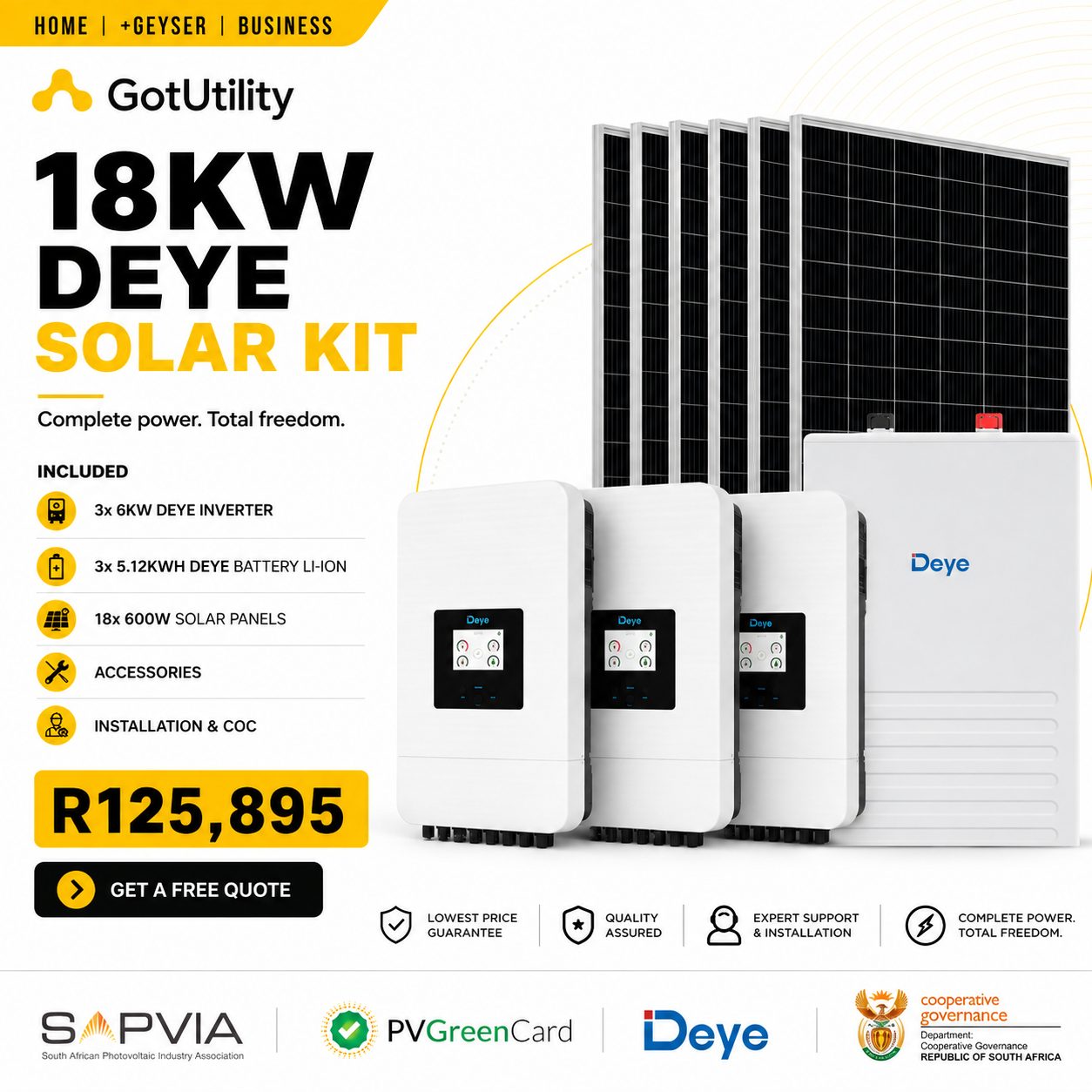 GotUtility 18kW Deye Solar Kit — 3 × 6kW Deye Inverter, 3 × 5.12kWh Deye Battery Li-ion, 18 × 600W Solar Panels