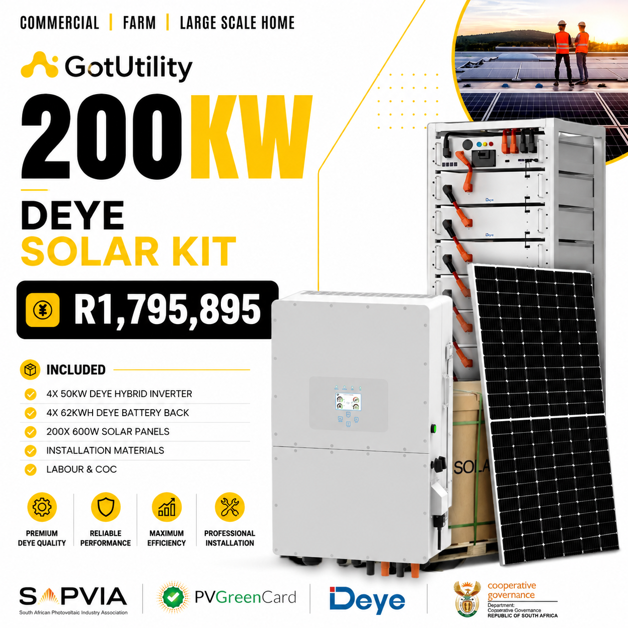 GotUtility 200kW Deye Solar Kit — 4 × 50kW Deye Hybrid Inverter, 4 × 62kWh Deye Battery Back, 200 × 600W Solar Panels