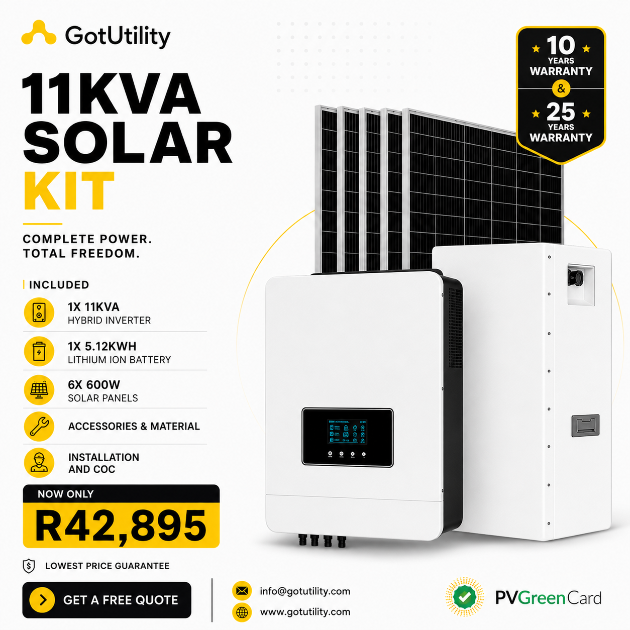 GotUtility 11kVA Solar Kit — 1 × 11kVA Hybrid Inverter, 1 × 5.12kWh Lithium Ion Battery, 6 × 600W Solar Panels