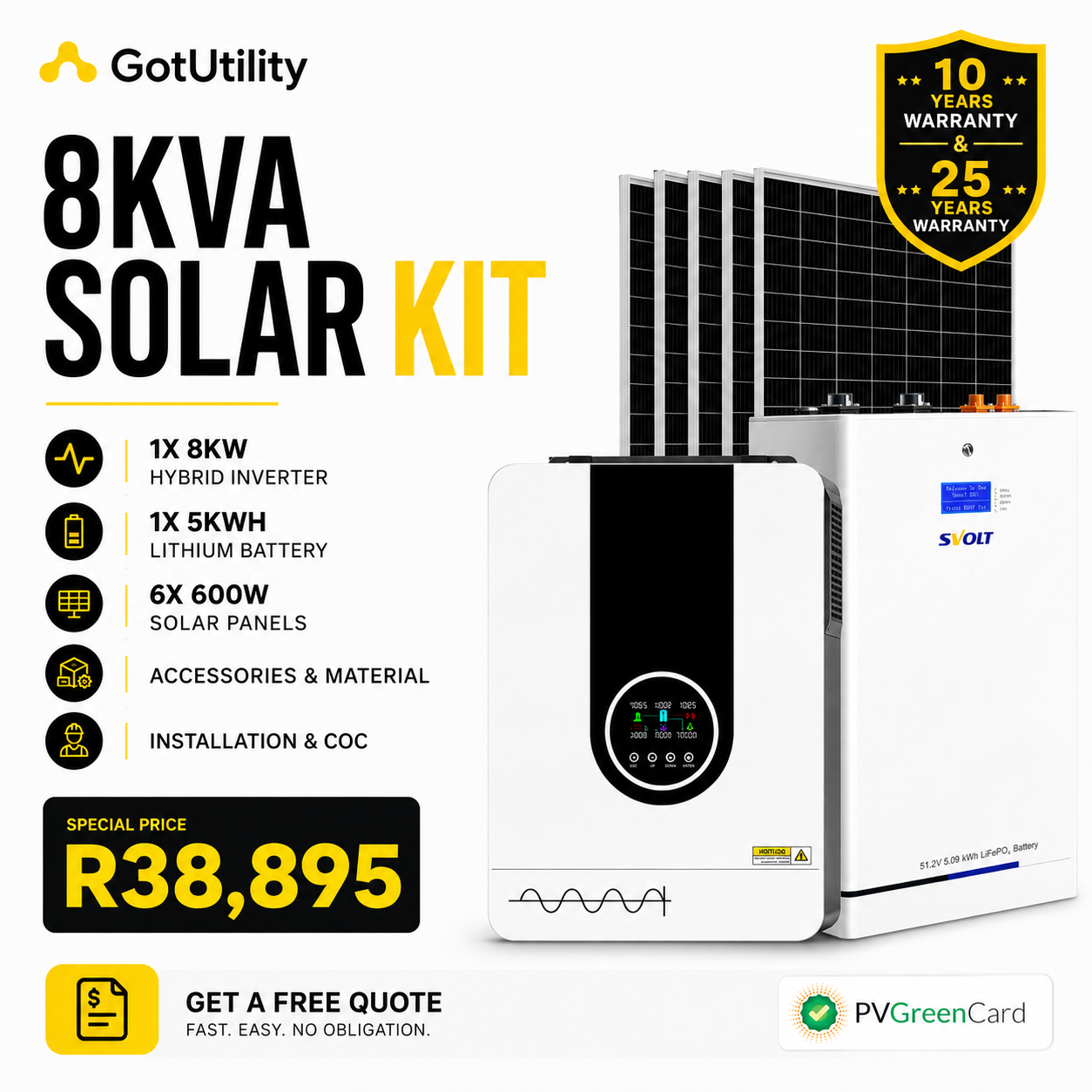 GotUtility 8kVA Solar Kit — 1 × 8kW Hybrid Inverter, 1 × 5kWh Lithium Battery, 6 × 600W Solar Panels