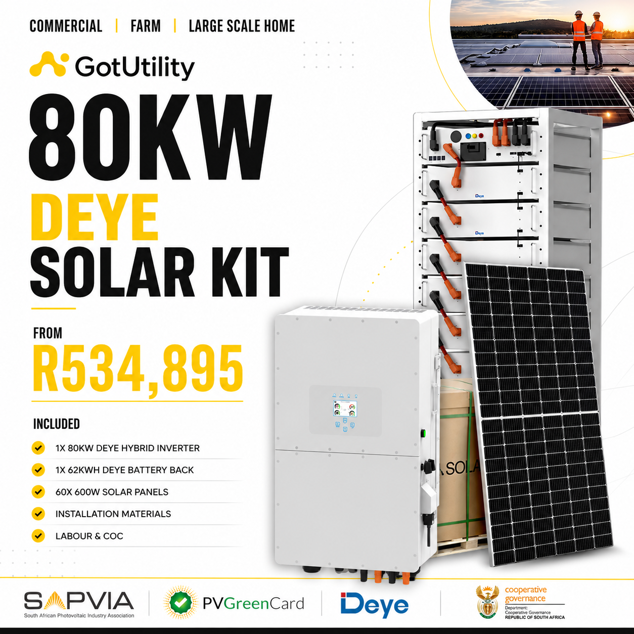 GotUtility 80kW Deye Solar Kit — 1 × 80kW Deye Hybrid Inverter, 1 × 62kWh Deye Battery Back, 60 × 600W Solar Panels