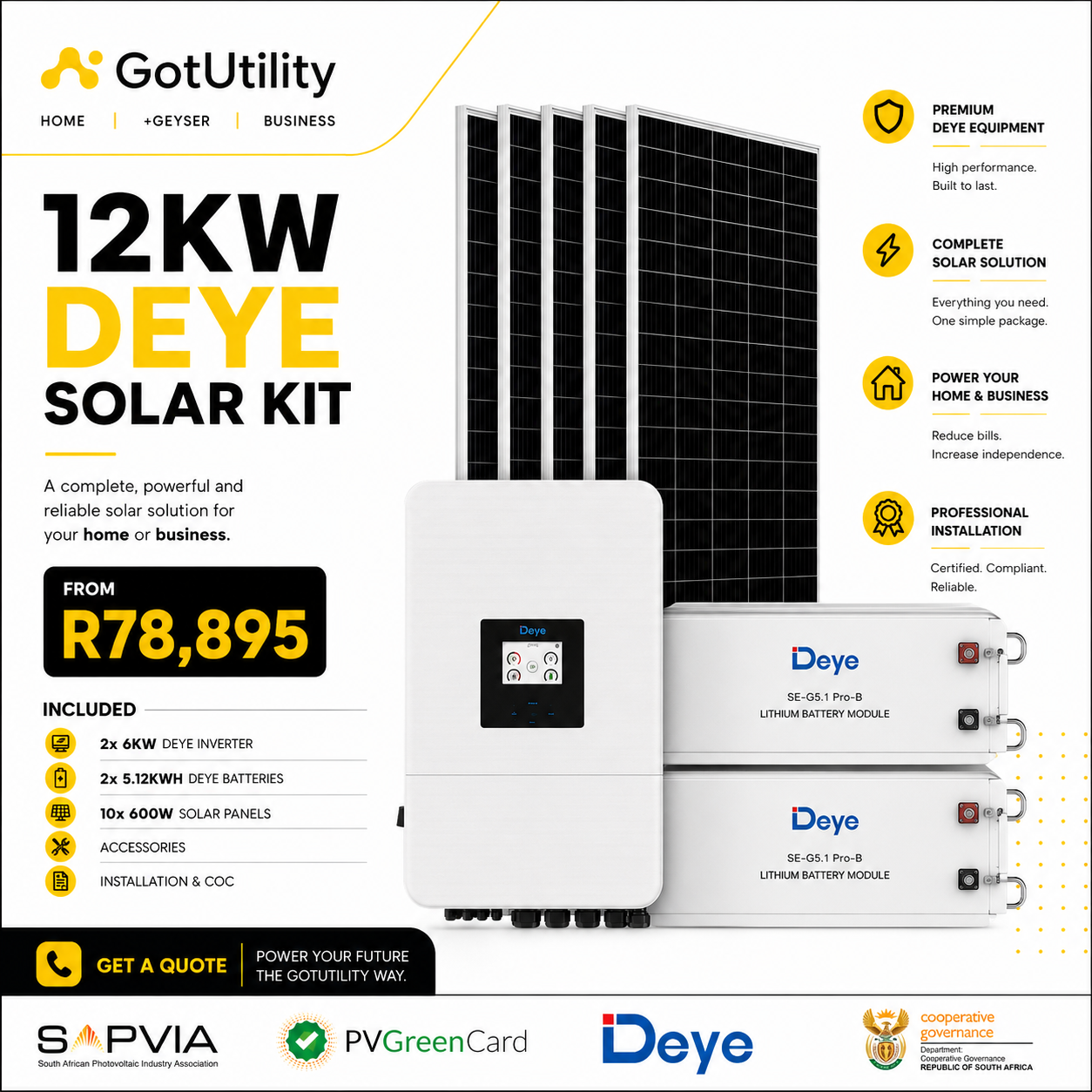 GotUtility 12kW Deye Solar Kit — 2 × 6kW Deye Inverter, 2 × 5.12kWh Deye Batteries, 10 × 600W Solar Panels